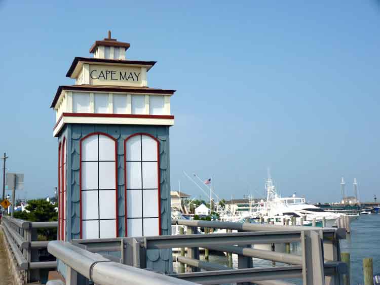 Cape May Welcome monuments grace both sides of the bridge where the harbor narrows